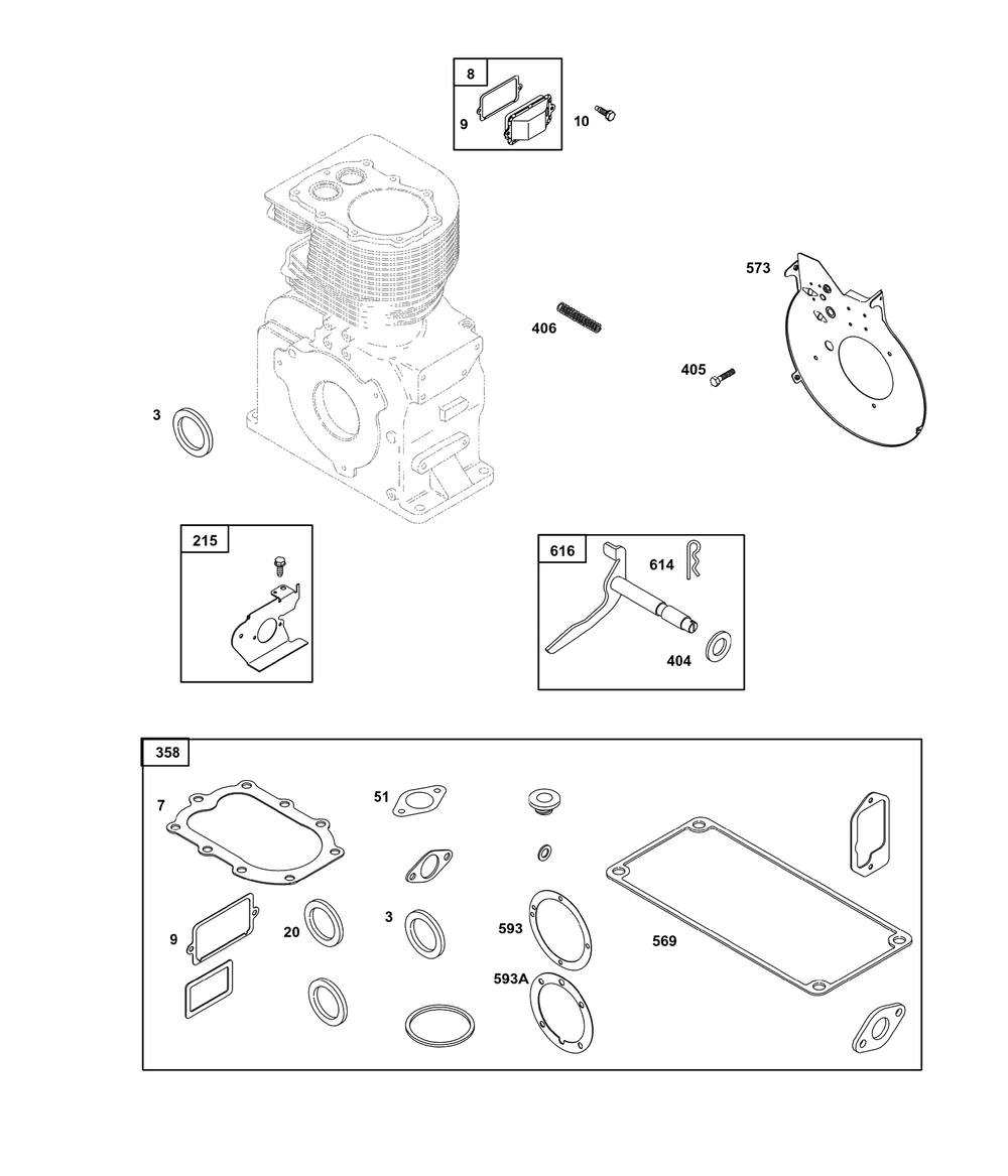 Cylinder Group Diagram and Parts List for 243431-3135-08  Briggs and Stratton Engine